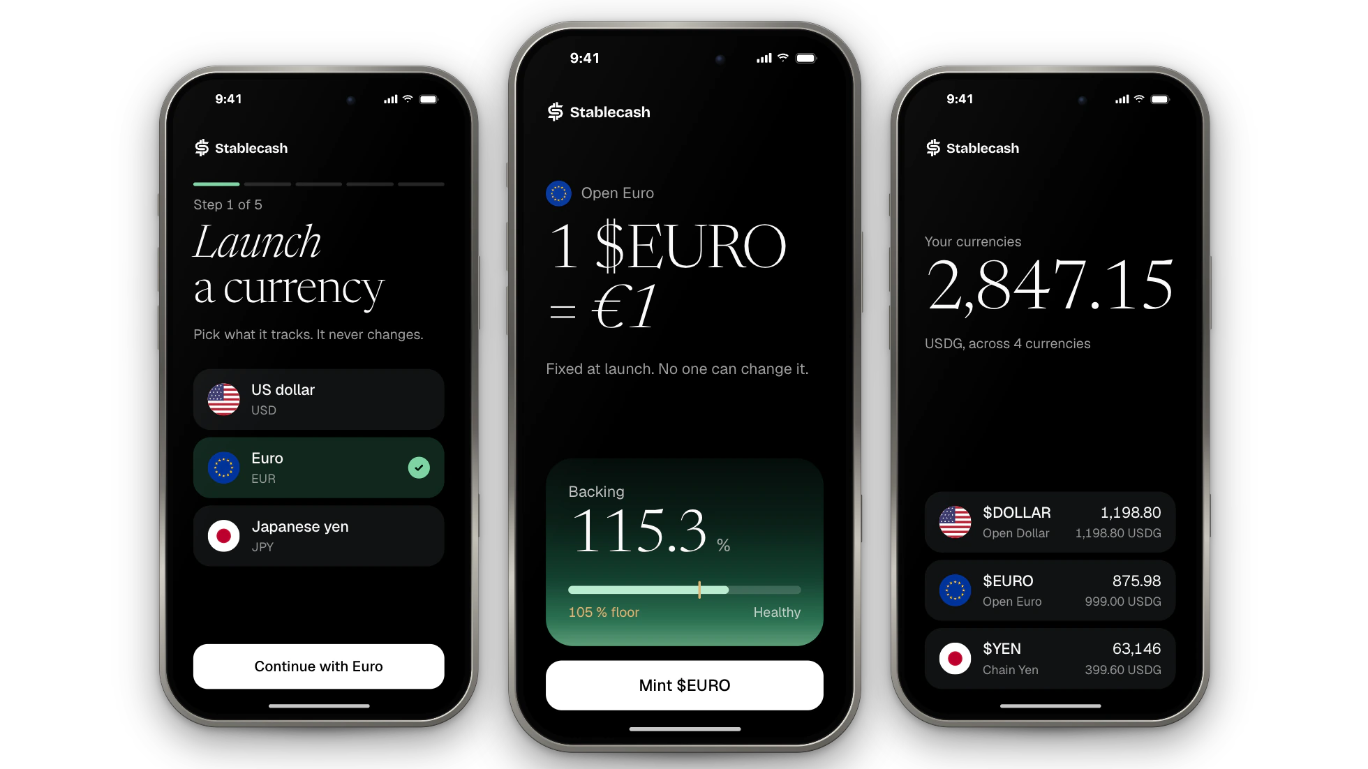 Stablecash app on three iPhones: the launch wizard, a token page with Mint and Redeem, the portfolio