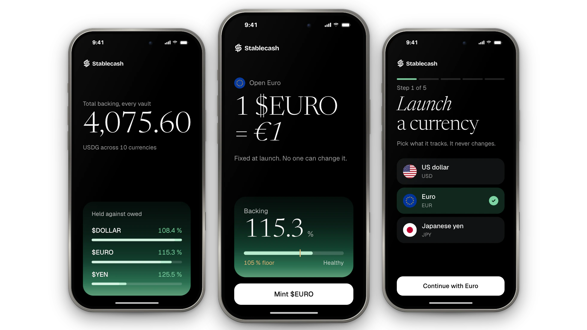 Stablecash app on three iPhones: Explore with total backing, a token page, the launch wizard